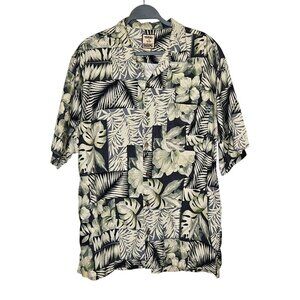 Tommy Bahama Mens Floral Hawaiian‎ Shirt 100% Silk Green Dark Gray White Large